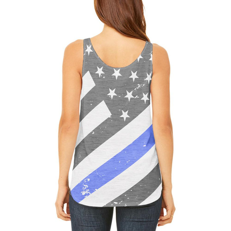 Distressed Thin Blue Line American Flag Vintage Juniors Flowy Side Slit Tank Top Juniors Tank Tops Old Glory   