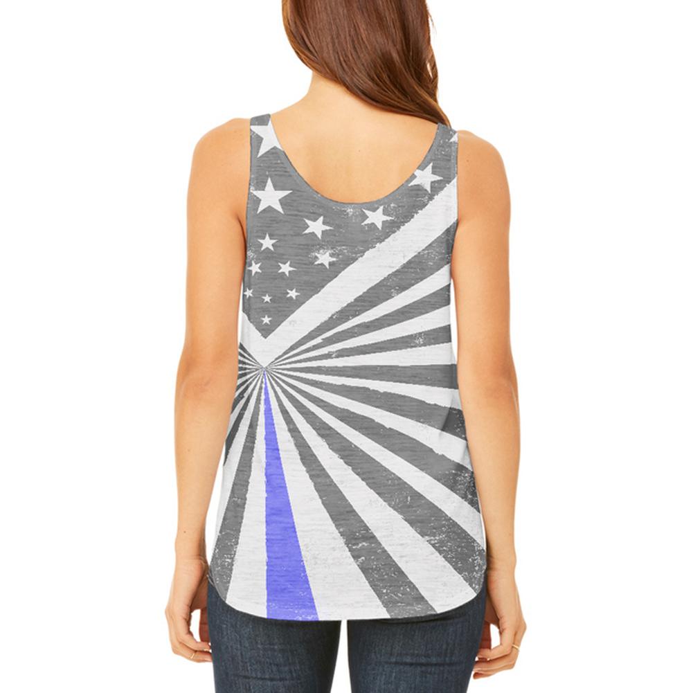 Thin Blue Line Flag Retro Sunburst Juniors Flowy Side Slit Tank Top Juniors Tank Tops Old Glory   