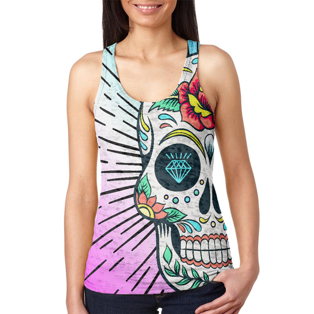 Super Cool Sugar Skull Tattoo Ombre Juniors Burnout Racerback Tank Top Juniors Tank Tops Old Glory 2XL Multi 