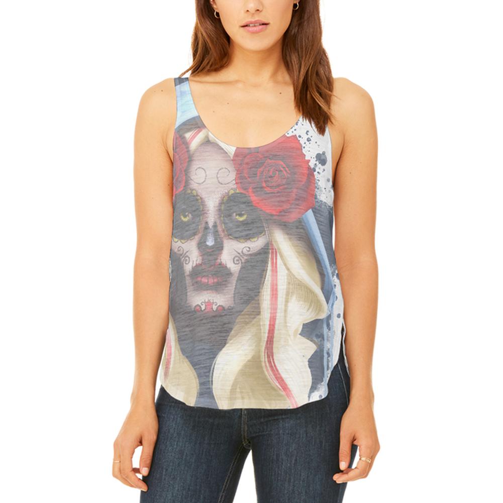 Candy Skull Girl Deadly Kiss Juniors Flowy Side Slit Tank Top Juniors Tank Tops Old Glory SM Multi