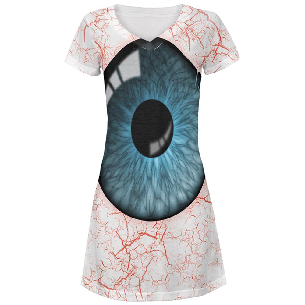 Halloween Blue Creepy Eyeball Costume All Over Juniors Beach Cover-Up Dress Juniors Dresses Old Glory LG Multi 