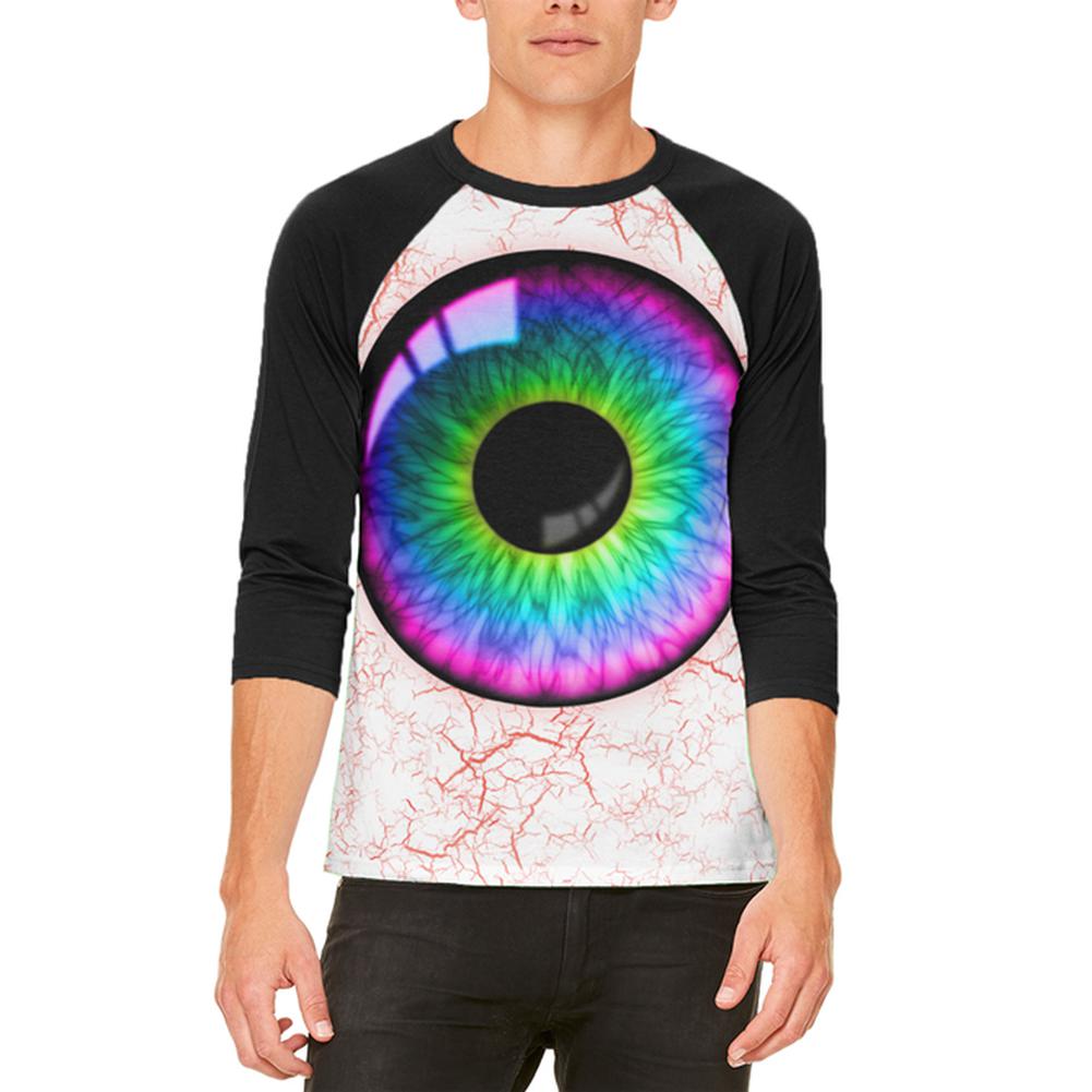 Halloween Rainbow Creepy Eyeball Costume Mens Raglan T Shirt Men's Raglans Old Glory 2XL White 