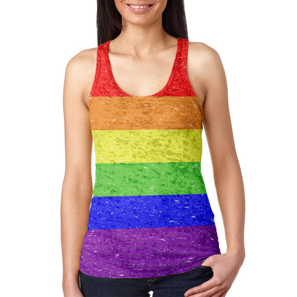 Distressed LGBT Rainbow Gay Pride Flag Juniors Burnout Racerback Tank Top Juniors Tank Tops Old Glory 2XL Multi 