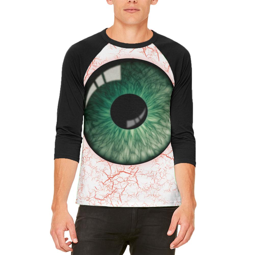 Halloween Green Creepy Eyeball Costume Mens Raglan T Shirt Men's Raglans Old Glory 2XL White 