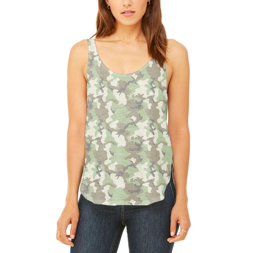 Green Woodland Camo Light Juniors Flowy Side Slit Tank Top Juniors Tank Tops Old Glory 2XL Multi 