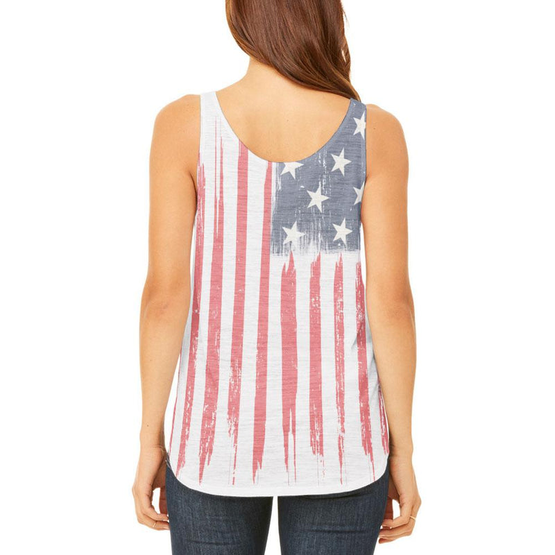 4th of July Distressed Brushed American Flag Juniors Flowy Side Slit Tank Top Juniors Tank Tops Old Glory   