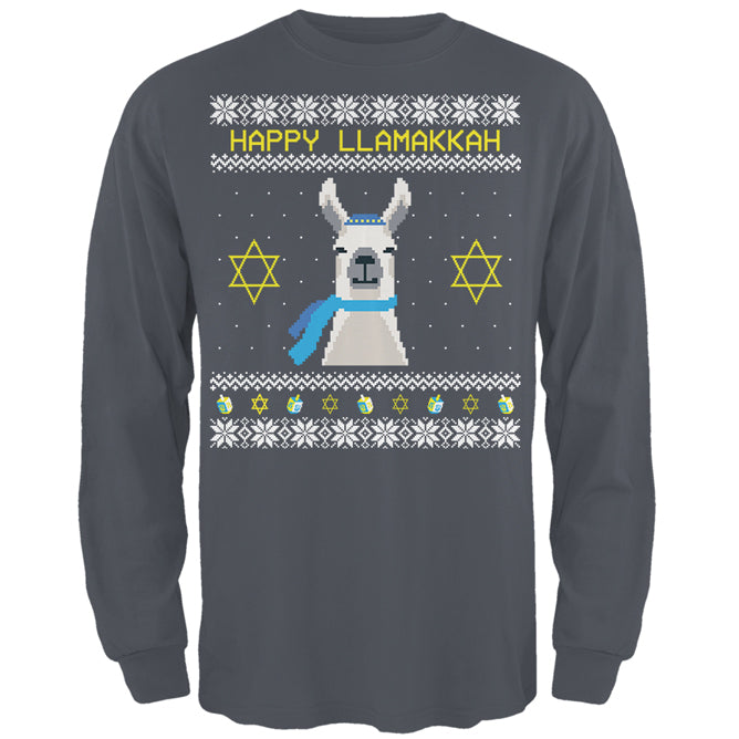 Llama Llamakkah Ugly Hanukkah Sweater Mens Long Sleeve T Shirt Men's Long Sleeves Old Glory 2XL Charcoal 