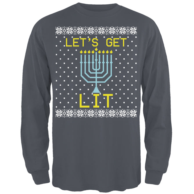 Menorah Get Lit Ugly Hanukkah Sweater Mens Long Sleeve T Shirt Men's Long Sleeves Old Glory 2XL Charcoal 