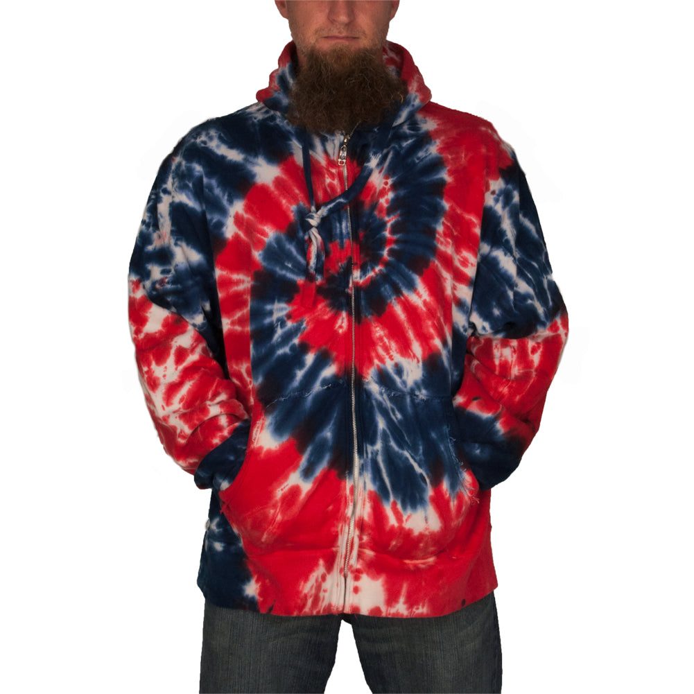 Men Hoodies Red White Blue Tie Dye Hoodie Tie-Dye Mens Full Zip
