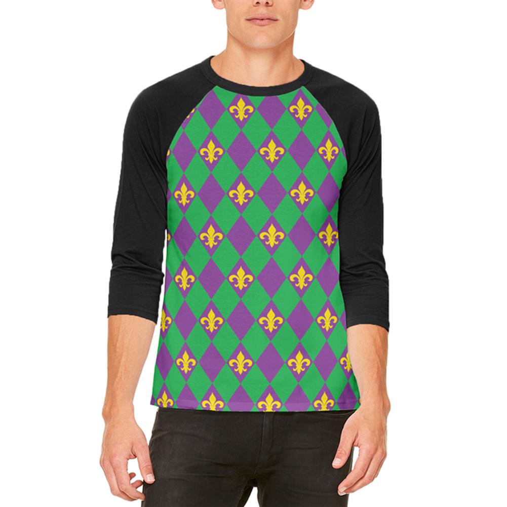 Mardi Gras Fleur De Lis Jester Costume Mens Raglan T Shirt Men's T-Shirts Old Glory 2XL White-Black 