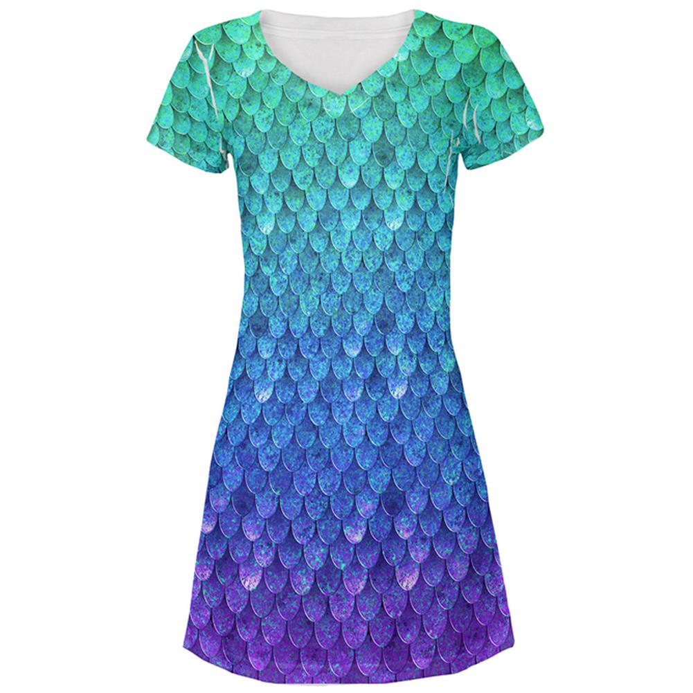 Halloween Mermaid Scales Costume All Over Juniors Beach Cover-Up Dress Juniors Dresses Old Glory LG Multi 