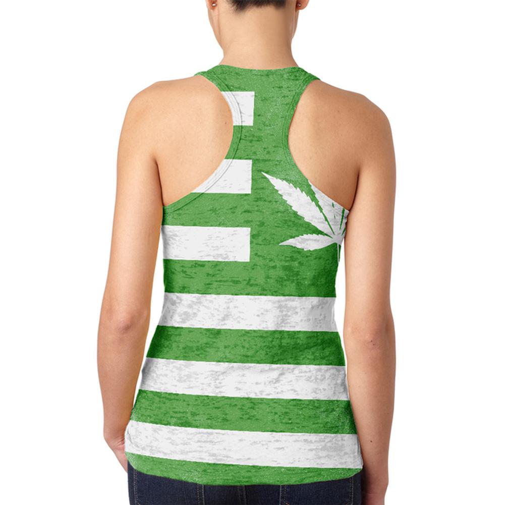 American High Pot Leaf Flag Juniors Burnout Racerback Tank Top Juniors Tank Tops Old Glory   