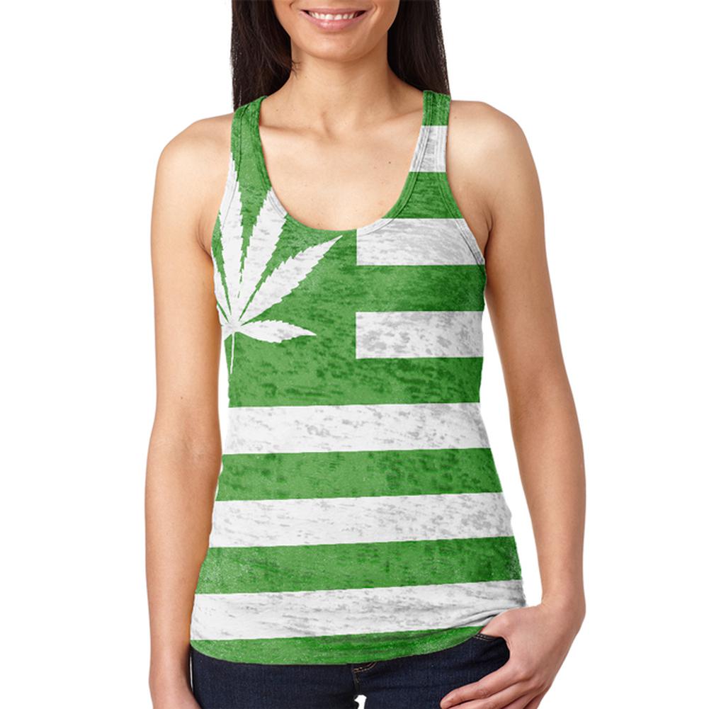 American High Pot Leaf Flag Juniors Burnout Racerback Tank Top Juniors Tank Tops Old Glory 2XL Multi 