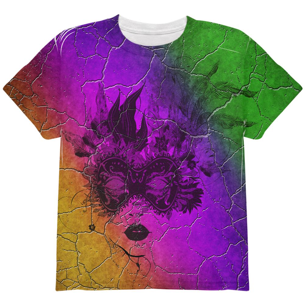 Mardi Gras Party Mask Distressed Grunge Flag All Over Youth T Shirt Youth T-Shirts Old Glory LG Multi 