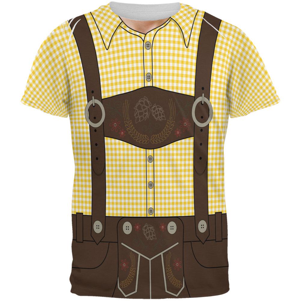 Oktoberfest Lederhosen Costume German Brown Suspenders All Over Mens T Shirt Men's T-Shirts Old Glory SM Yellow 