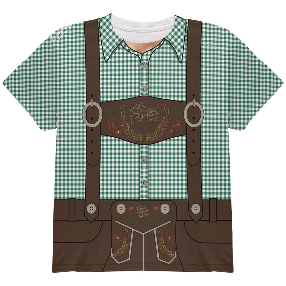 Oktoberfest Lederhosen Costume German Brown Suspenders All Over Youth T Shirt Youth T-Shirts Old Glory LG Green 