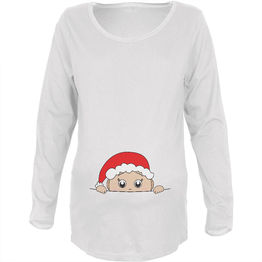 Christmas Peeking Baby Santa Maternity Soft Long Sleeve T Shirt Maternity Long Sleeve T-Shirts Old Glory 2XL White 