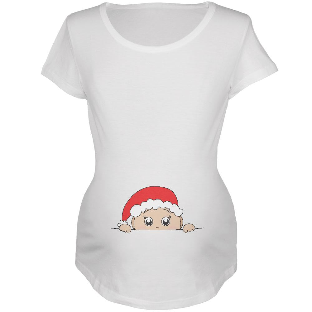 Christmas Peeking Baby Santa Maternity Soft T Shirt Maternity T-Shirts Old Glory 2XL White 