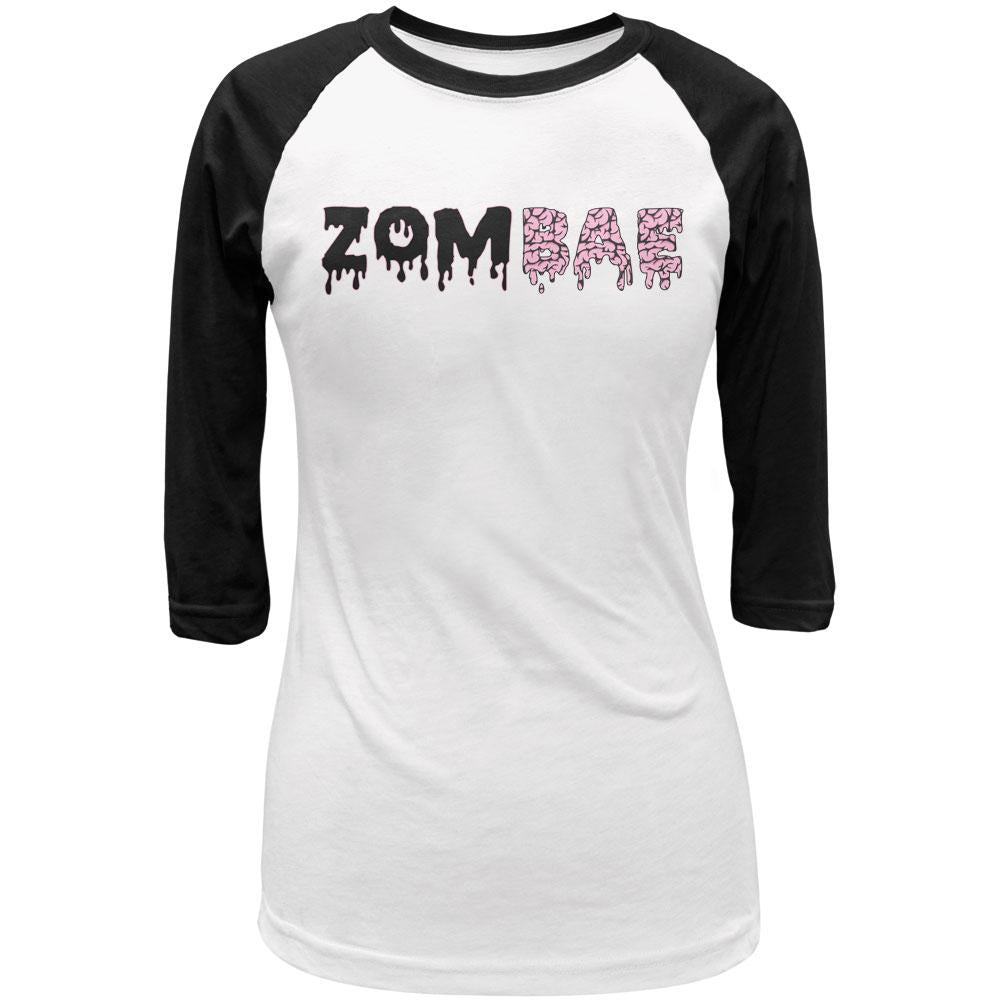 Halloween Zombae Zombie Brain  Juniors 3/4 Sleeve Raglan T Shirt Juniors T-Shirts Old Glory LG White-Black 