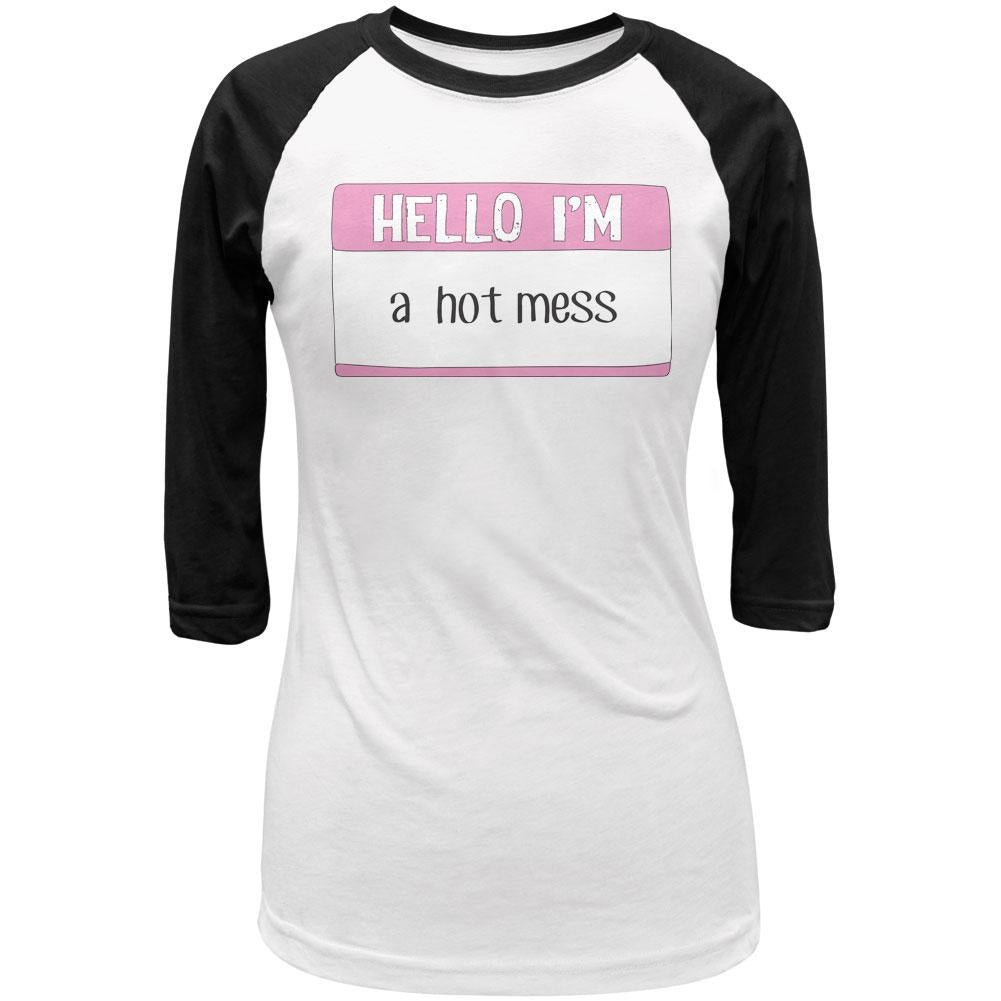 Halloween Hello I'm a Hot Mess Juniors 3/4 Sleeve Raglan T Shirt Juniors T-Shirts Old Glory LG White-Black 