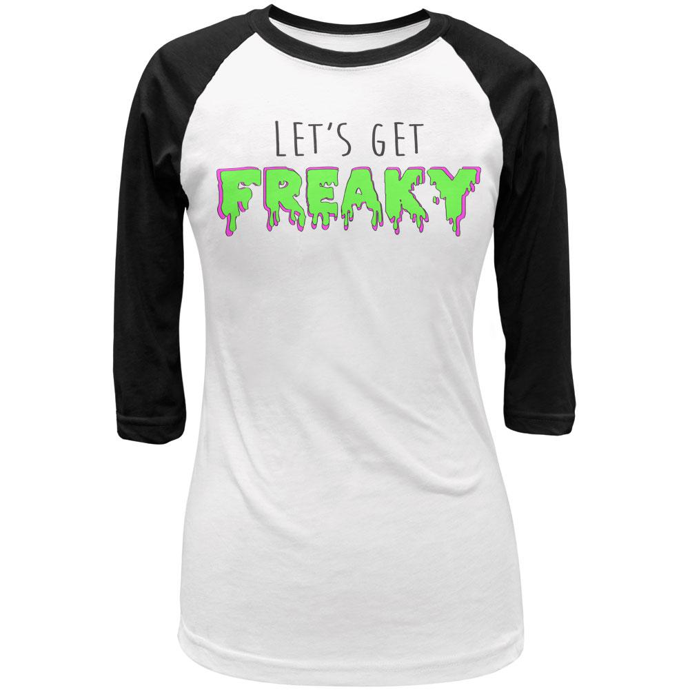 Halloween Let's Get Freaky Black Text Juniors 3/4 Sleeve Raglan T Shirt Juniors T-Shirts Old Glory LG White-Black 