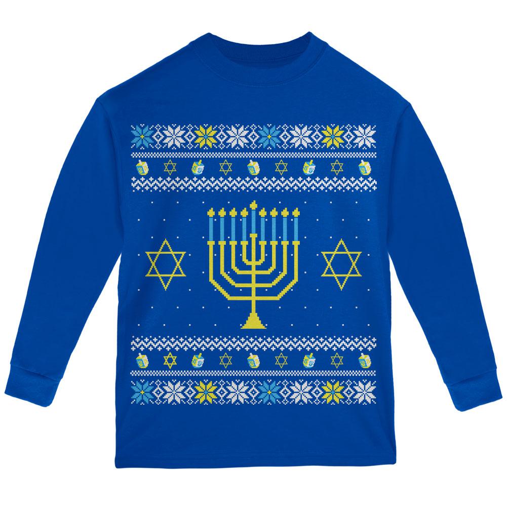 Menorah Ugly Hanukkah Sweater Youth Long Sleeve T Shirt Youth Long Sleeves Old Glory LG Royal 