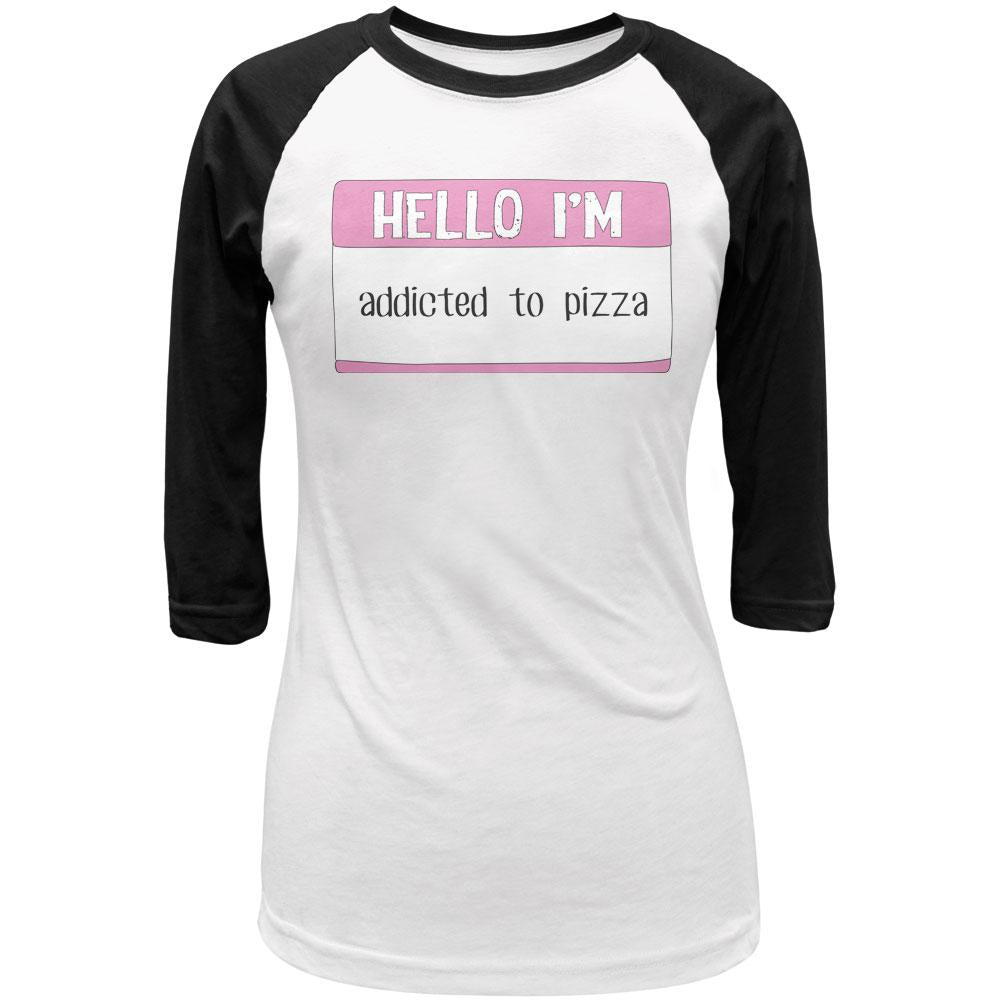 Halloween Hello I'm Addicted to Pizza Juniors 3/4 Sleeve Raglan T Shirt Juniors T-Shirts Old Glory LG White-Black 