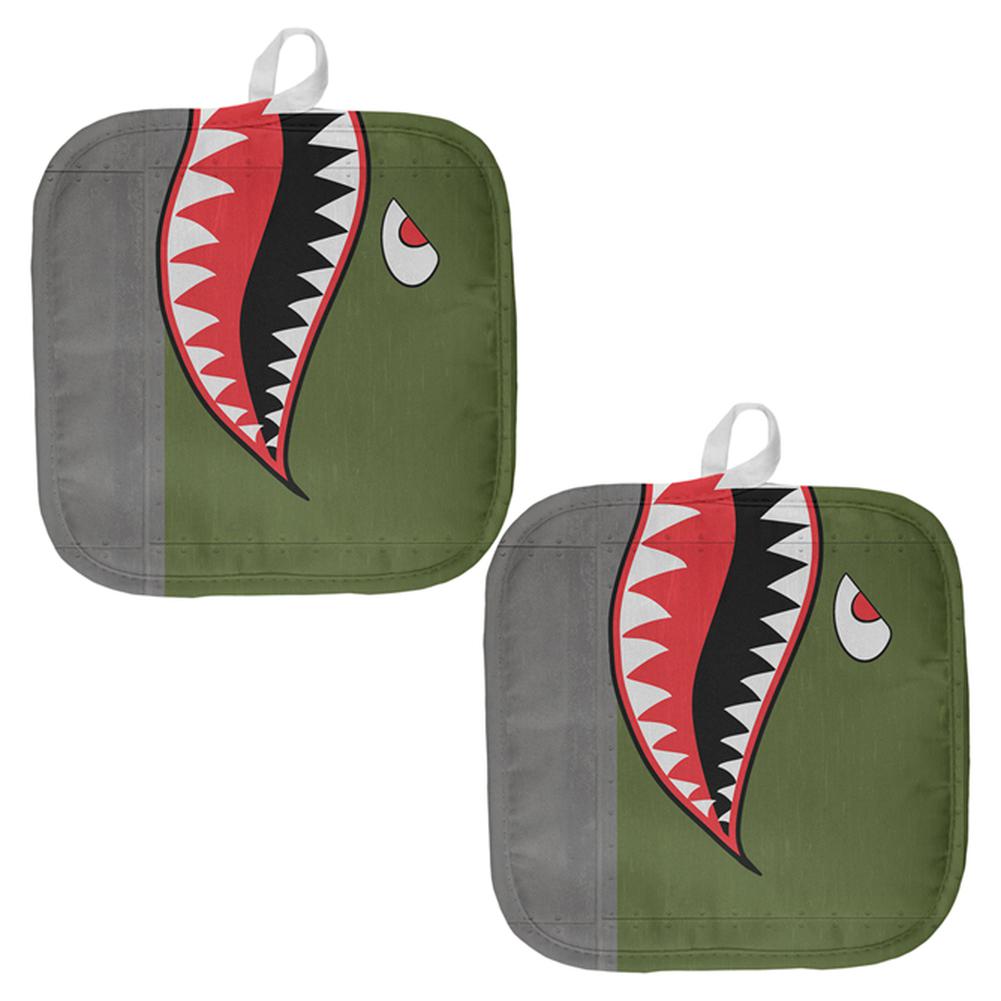 Halloween WWII Flying Tiger Fighter Shark Nose Art Pot Holder (Set of 2) Pot Holders Old Glory OS Multi 