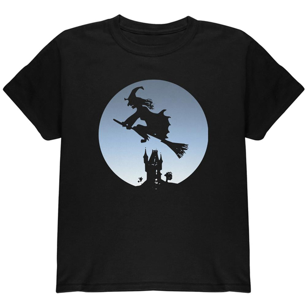 Halloween Witch Riding Broomstick Full Moon Youth T Shirt Youth T-Shirts Old Glory LG Black 