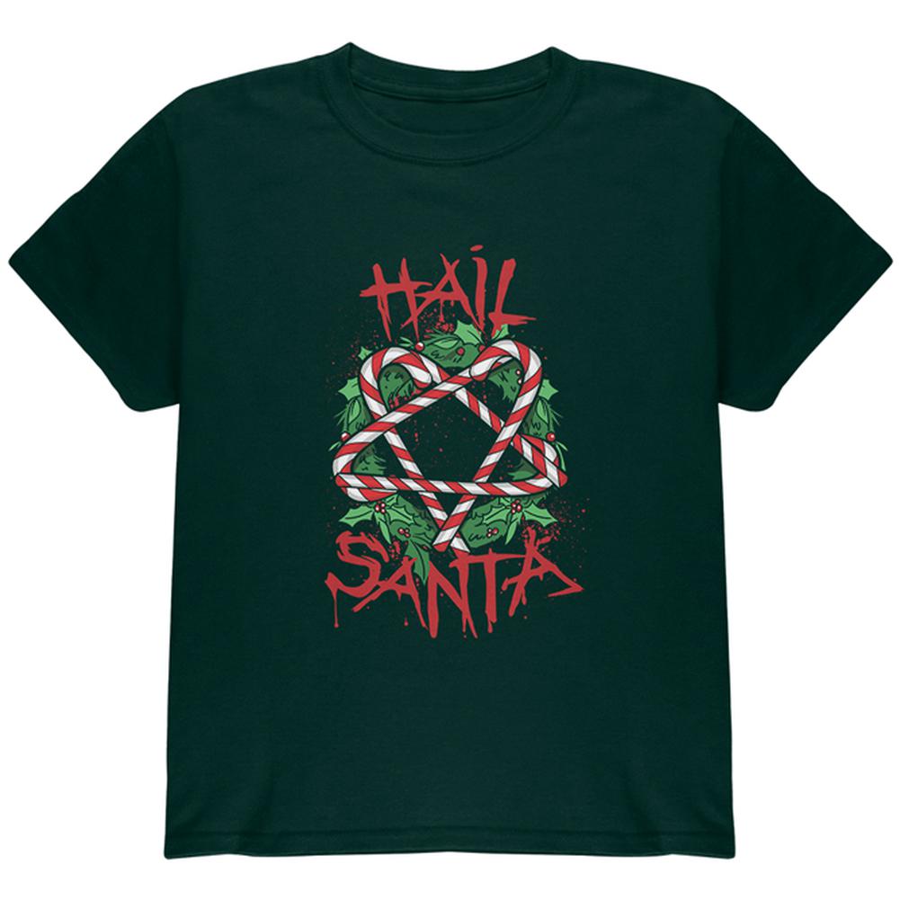 Christmas Hail Santa Pentagram Wreath Youth T Shirt Youth T-Shirts Old Glory LG Forest Green 