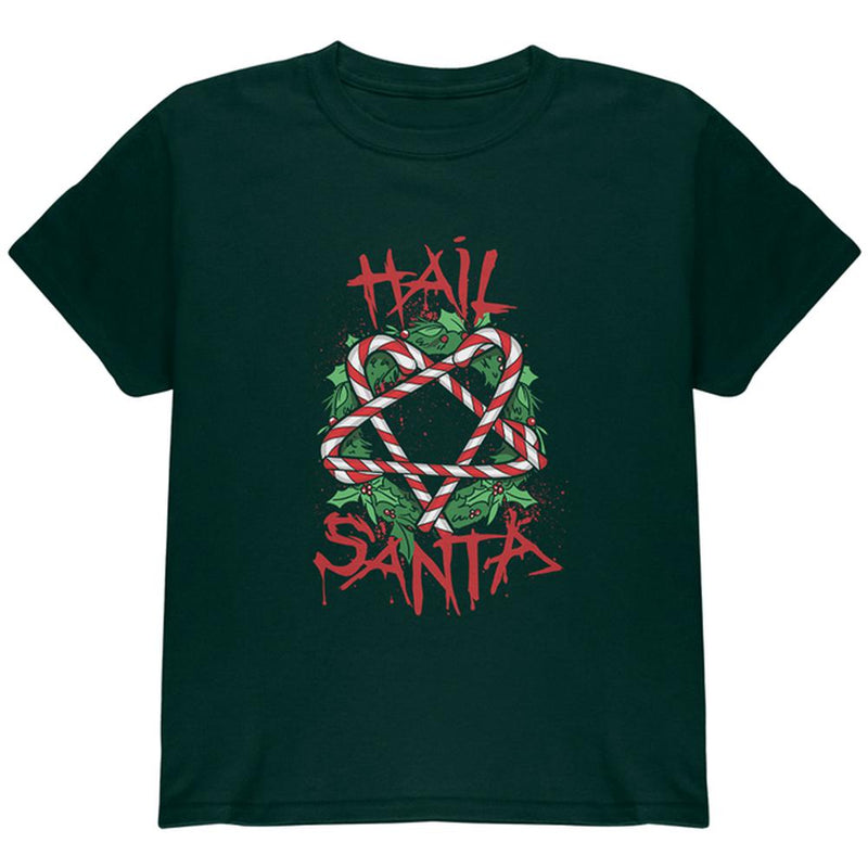 Christmas Hail Santa Pentagram Wreath Youth T Shirt Youth T-Shirts Old Glory LG Forest Green 