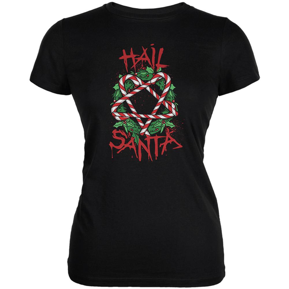 Christmas Hail Santa Pentagram Wreath Juniors Soft T Shirt Juniors T-Shirts Old Glory 2XL Black 