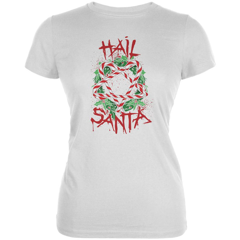 Christmas Hail Santa Pentagram Wreath Juniors Soft T Shirt Juniors T-Shirts Old Glory 2XL White 