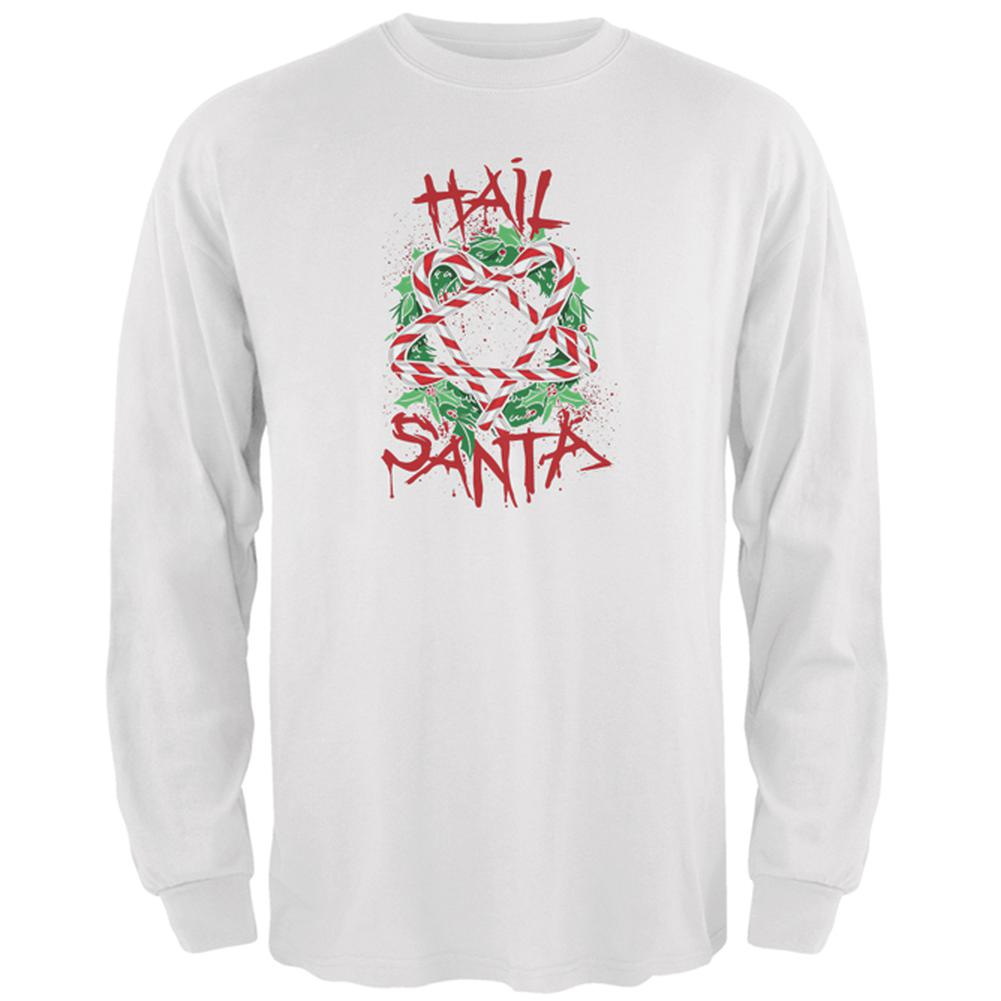 Christmas Hail Santa Pentagram Wreath Mens Long Sleeve T Shirt Men's Long Sleeves Old Glory 2XL White 