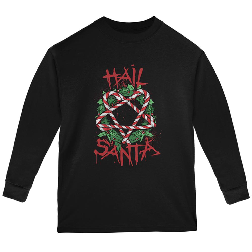 Christmas Hail Santa Pentagram Wreath Youth Long Sleeve T Shirt Youth Long Sleeves Old Glory LG Black 