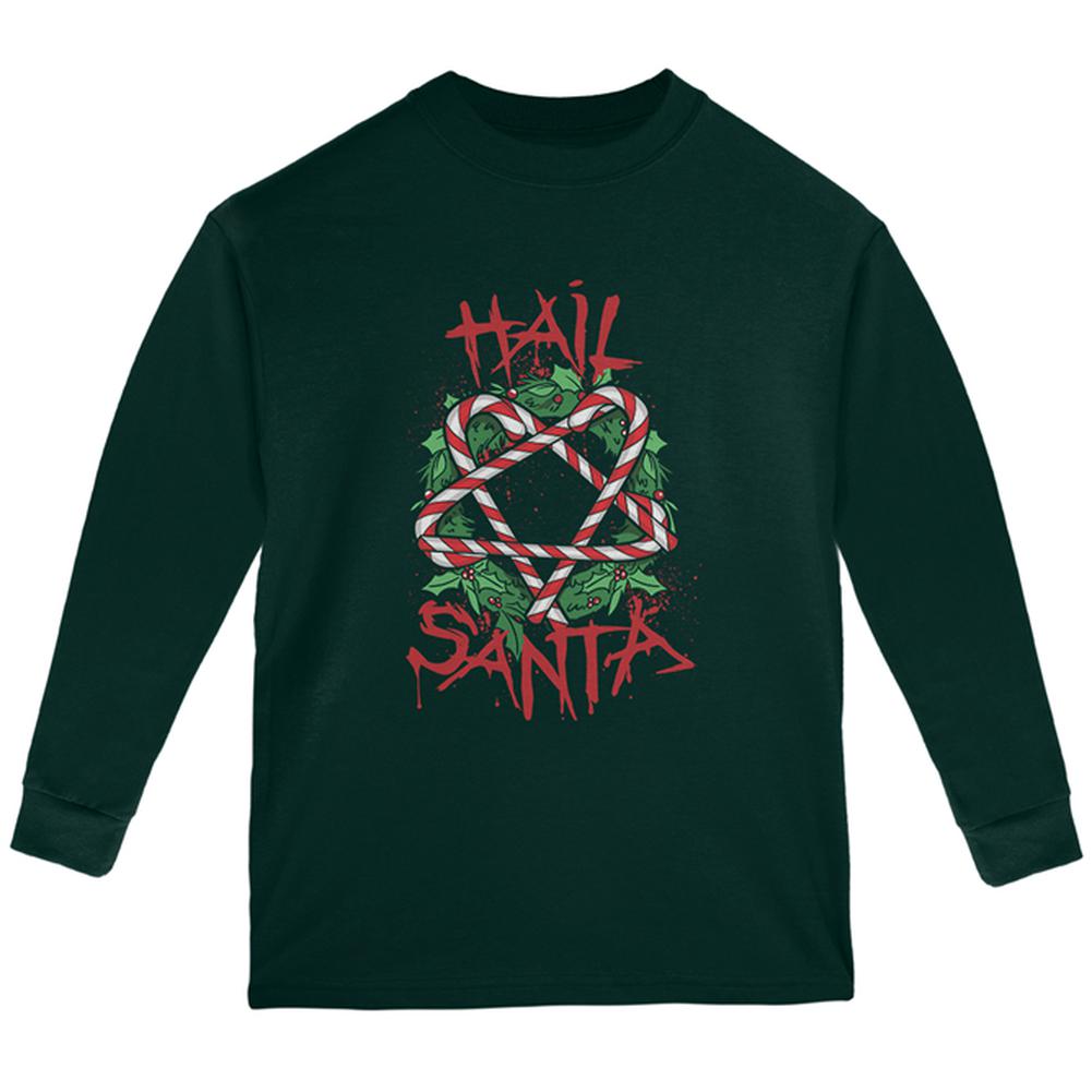 Christmas Hail Santa Pentagram Wreath Youth Long Sleeve T Shirt Youth Long Sleeves Old Glory LG Forest Green 