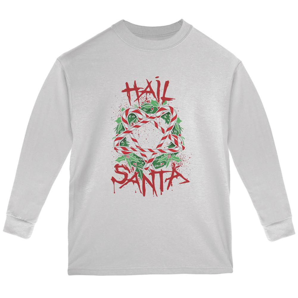 Christmas Hail Santa Pentagram Wreath Youth Long Sleeve T Shirt Youth Long Sleeves Old Glory LG White 