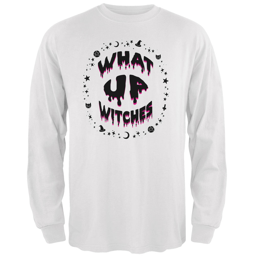 Halloween What Up Witches Witchy Elements Black Text Mens Long Sleeve T Shirt Men's Long Sleeves Old Glory 2XL White 