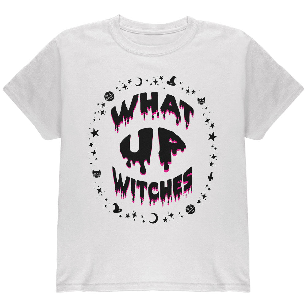 Halloween What Up Witches Witchy Elements Black Text Youth T Shirt Youth T-Shirts Old Glory YLG White 