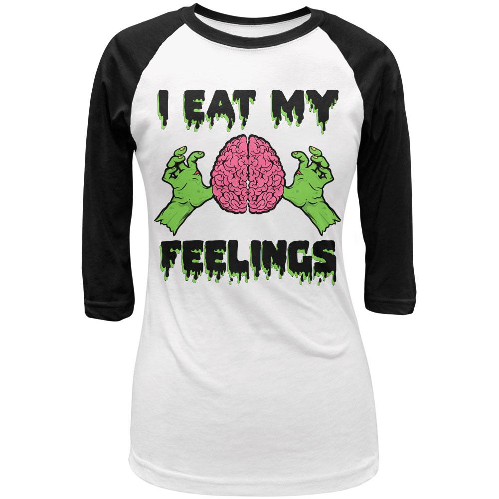 Halloween I Eat My Feelings Zombie Brain Juniors 3/4 Sleeve Raglan T Shirt Juniors T-Shirts Old Glory LG White-Black 