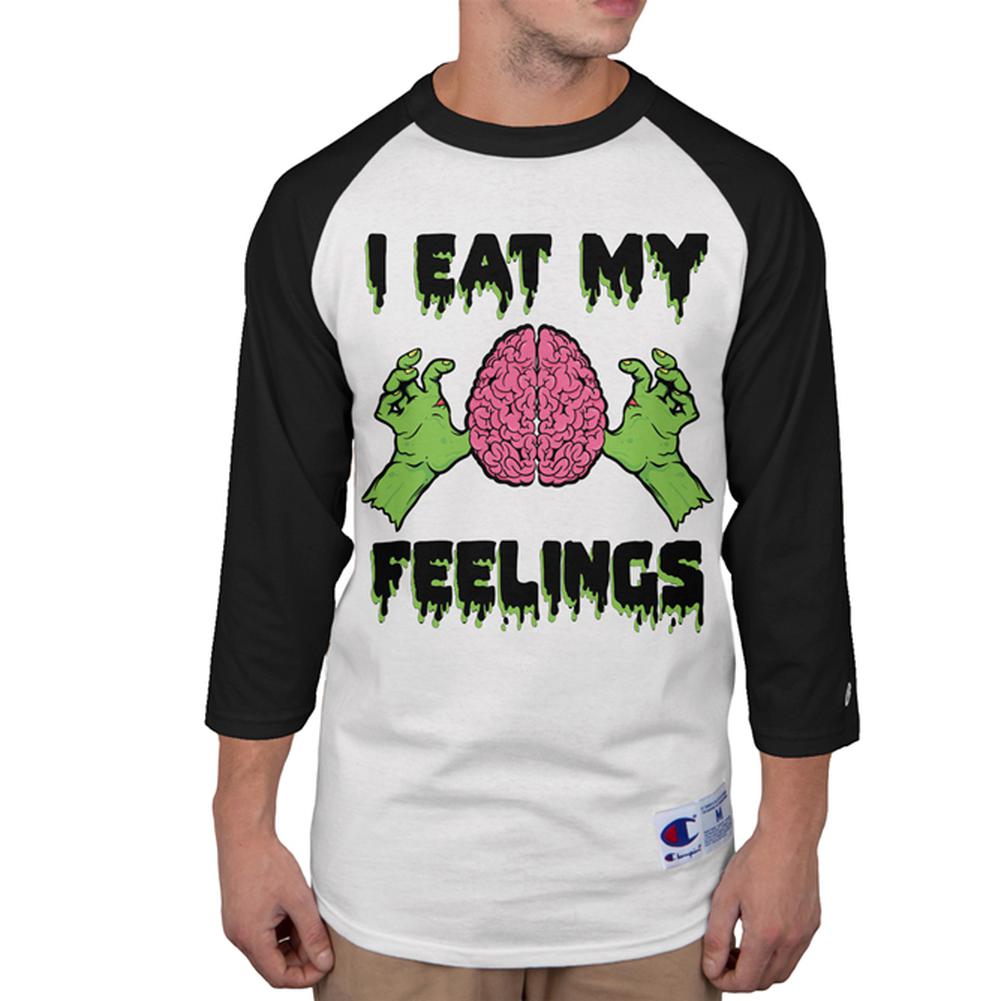 Halloween I Eat My Feelings Zombie Brain Mens Long Sleeve Raglan T Shirt Men's Long Sleeves Old Glory 2XL White-Black 