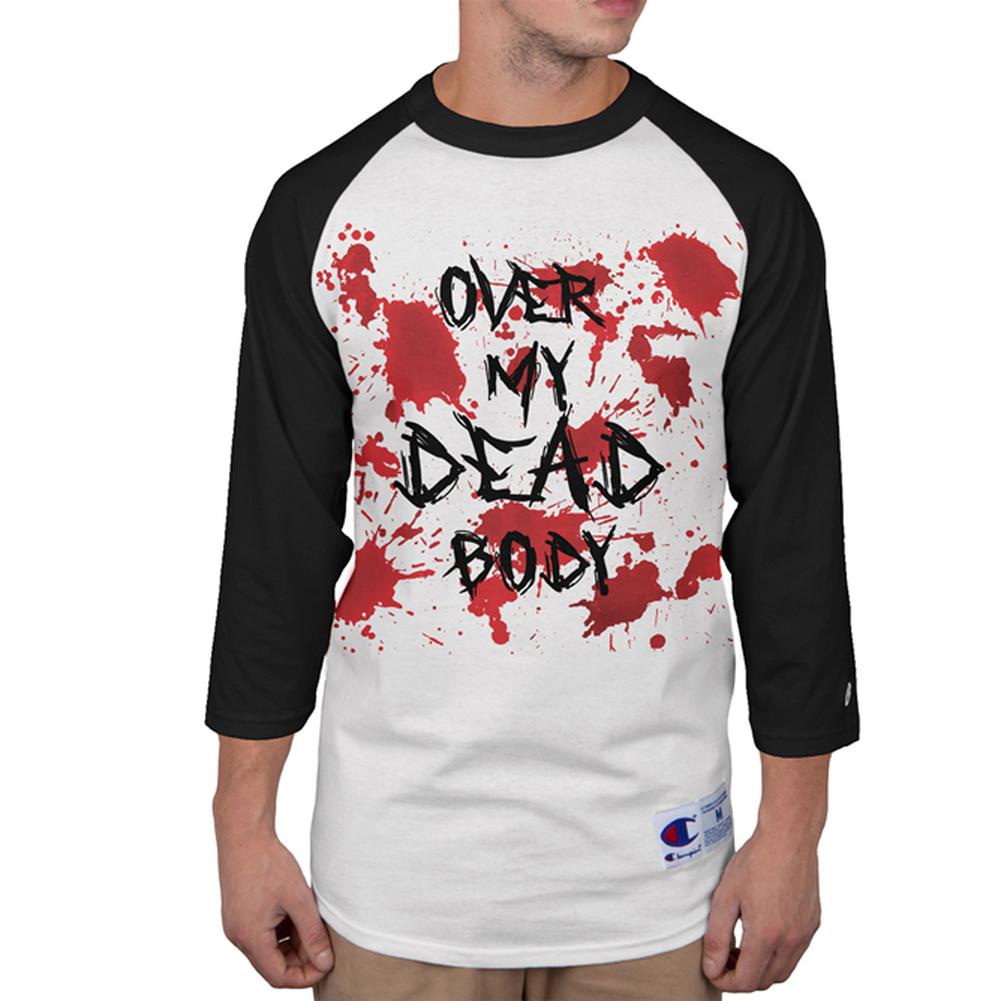 Halloween Over My Dead Body Blood Splatter Mens Long Sleeve Raglan T Shirt Men's Long Sleeves Old Glory 2XL White-Black 