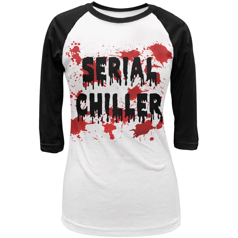 Halloween Serial Chiller Blood Splatter Juniors 3/4 Sleeve Raglan T Shirt Juniors T-Shirts Old Glory LG White-Black 