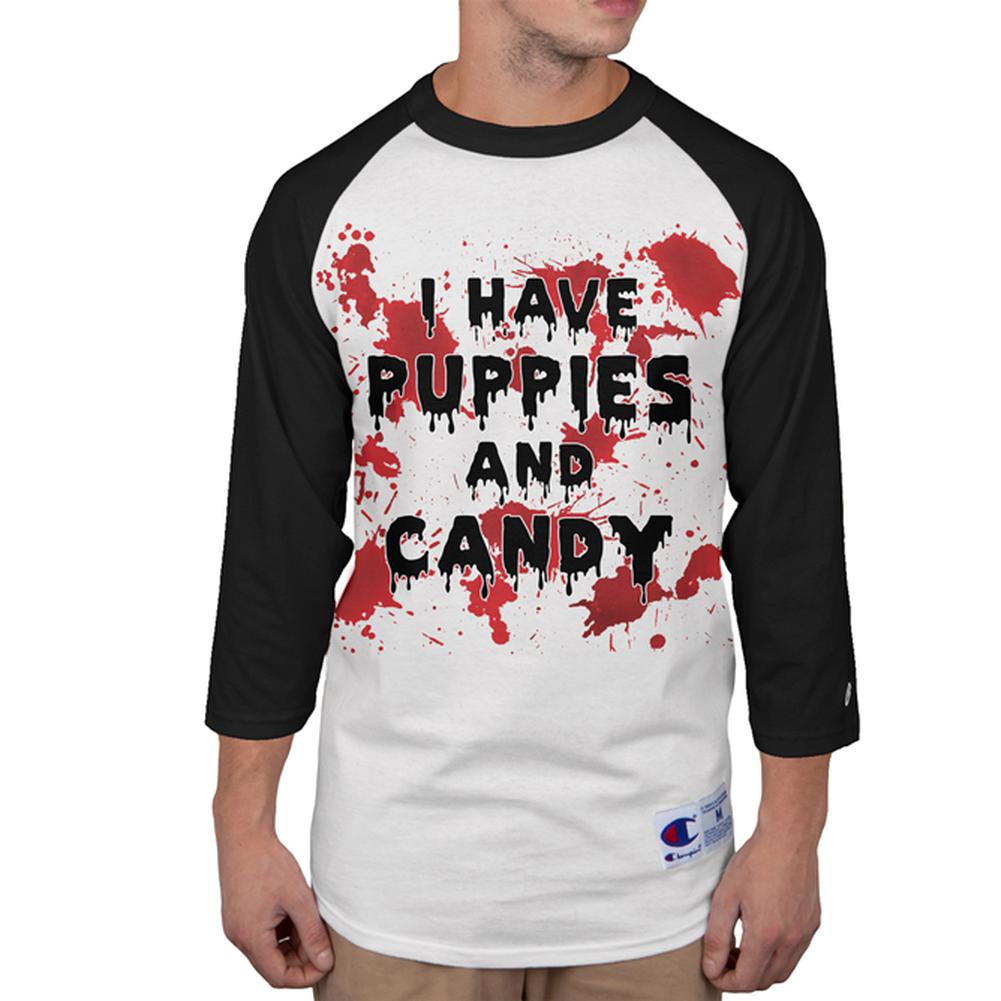 Halloween I Have Puppies and Candy Blood Splatter Mens Long Sleeve Raglan T Shirt Men's Long Sleeves Old Glory 2XL White-Black 