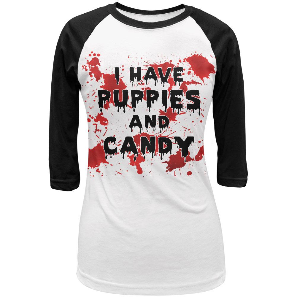 Halloween I Have Puppies and Candy Blood Splatter Juniors 3/4 Sleeve Raglan T Shirt Juniors T-Shirts Old Glory LG White-Black 