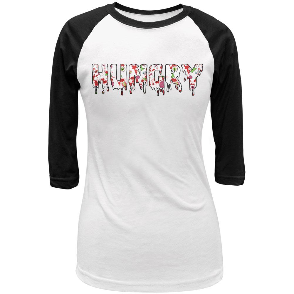 Halloween Hungry Zombie Pattern Juniors 3/4 Sleeve Raglan T Shirt Juniors T-Shirts Old Glory LG White-Black 