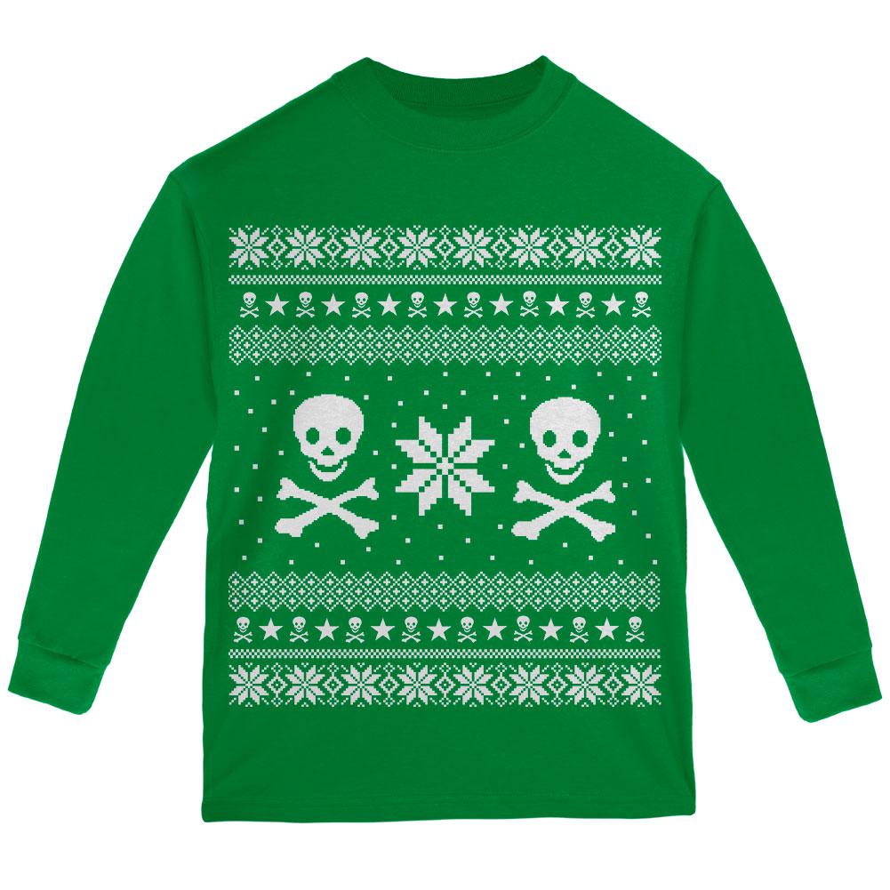 Skull & Crossbones Ugly Christmas Sweater Youth Long Sleeve T Shirt Youth Long Sleeves Old Glory LG Green 