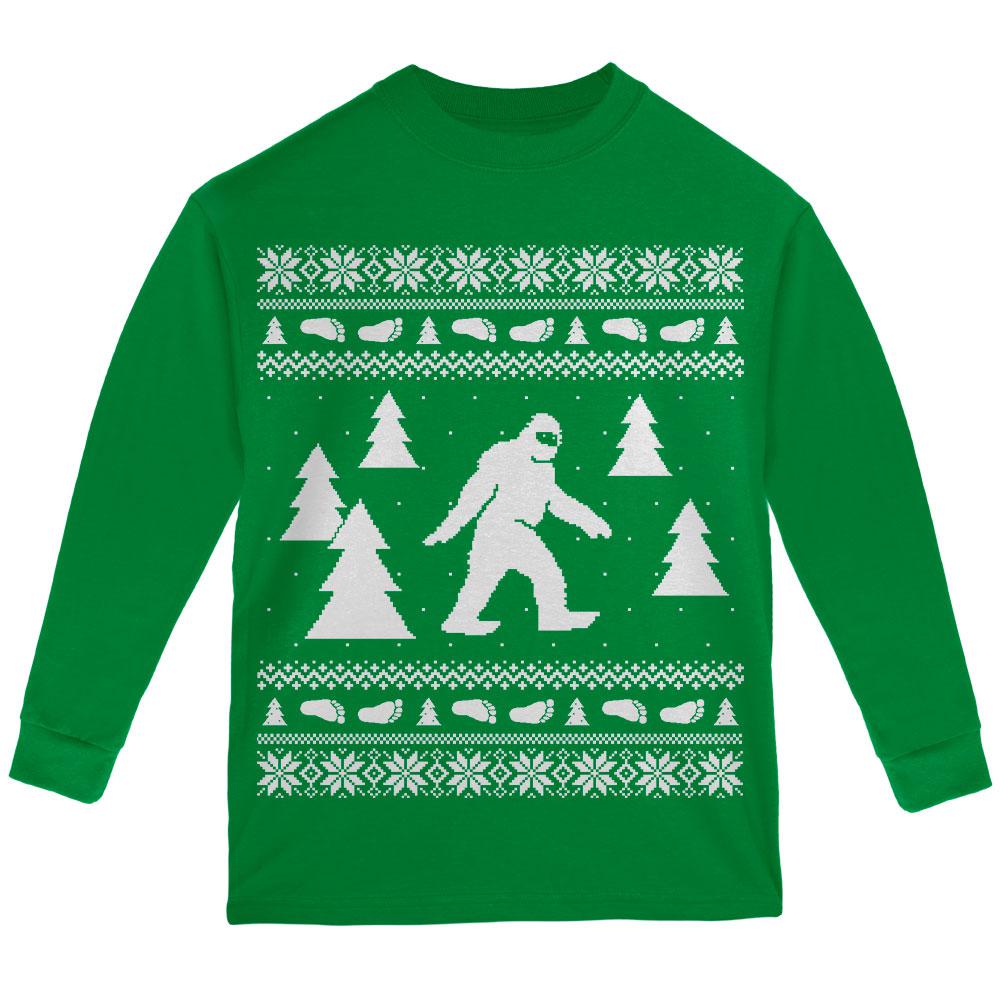 Sasquatch Ugly Christmas Sweater Youth Long Sleeve T Shirt Youth Long Sleeves Old Glory LG Green 