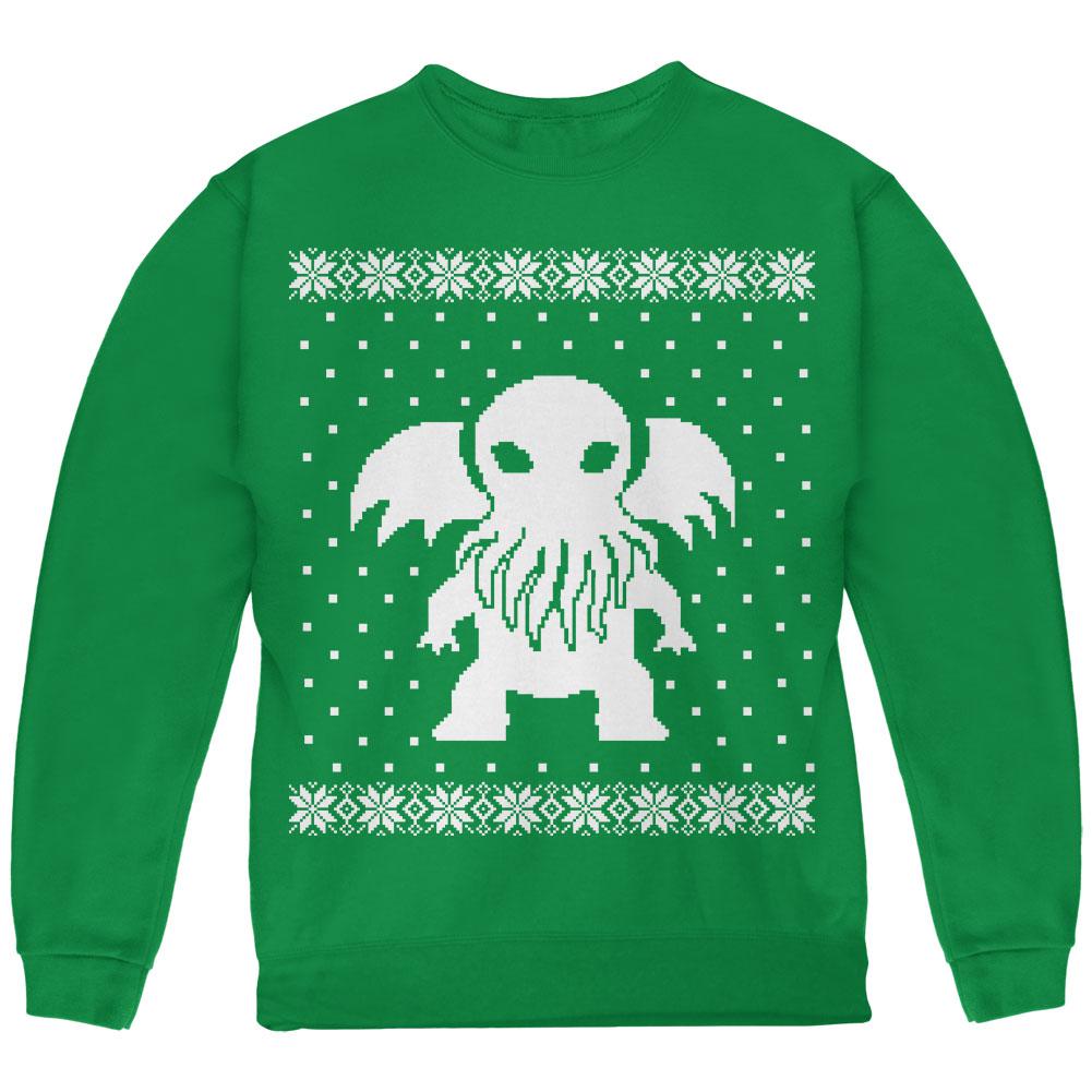 Big Cthulhu Lovecraft Ugly Christmas Sweater Youth Sweatshirt Youth Sweatshirts Old Glory LG Green 