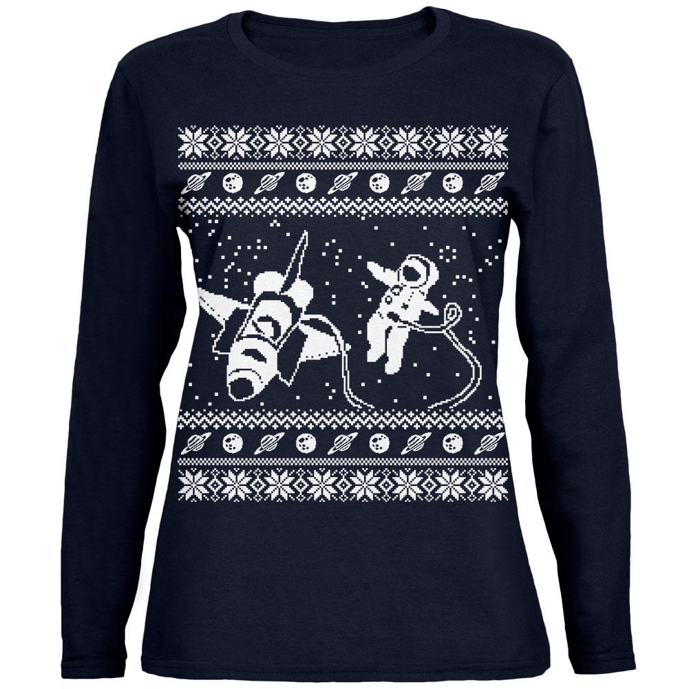 Astronaut in Space Ugly Christmas Sweater Womens Long Sleeve T Shirt Women's Long Sleeves Old Glory 2XL Navy 